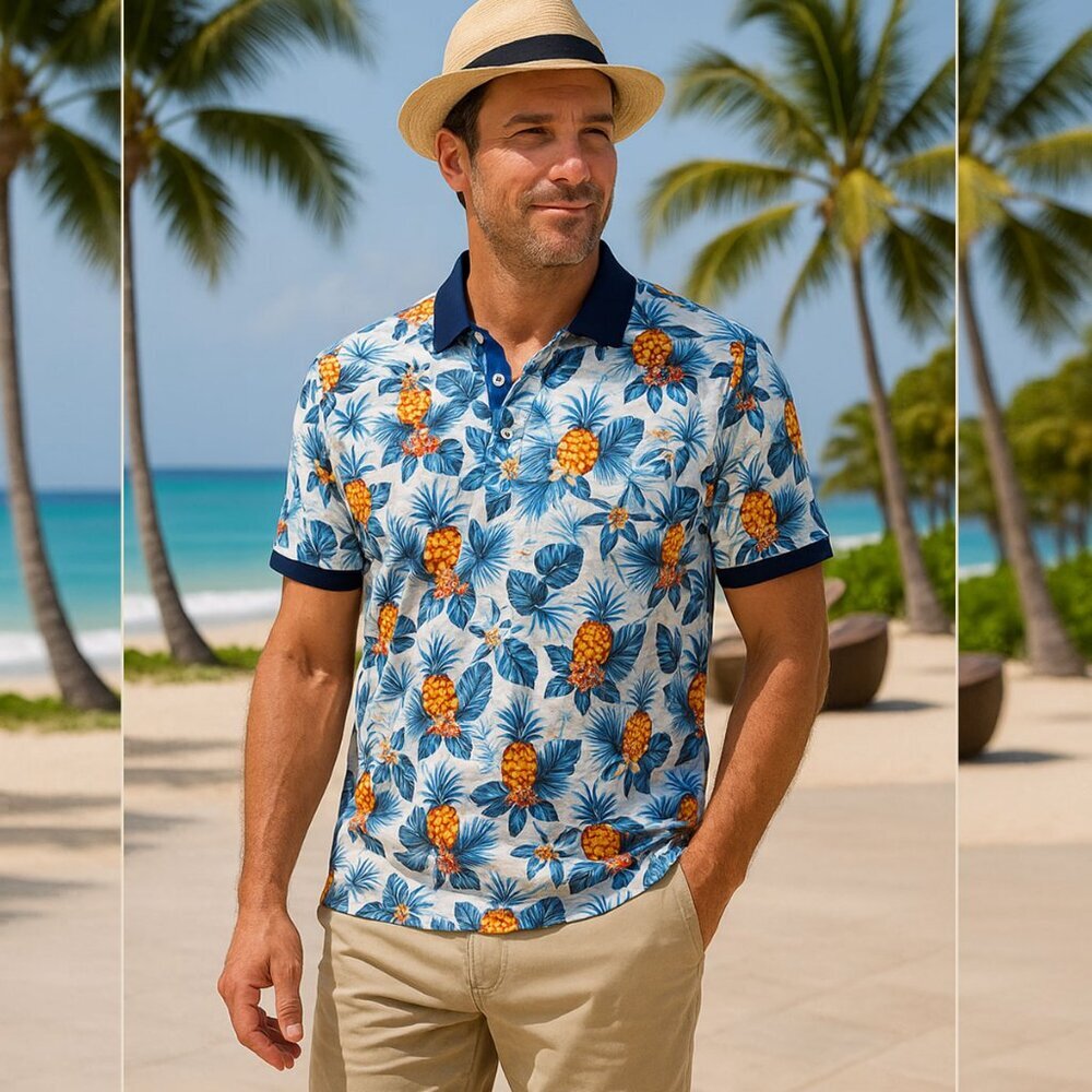 BOHIO Men’s Tropical Pineapple Print Polo Shirt – Size XL